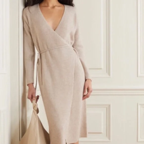 Vince | Dresses | Ribbed Wrap Long Sleeve Wool Cashmere Midi Dress Stone |  Poshmark